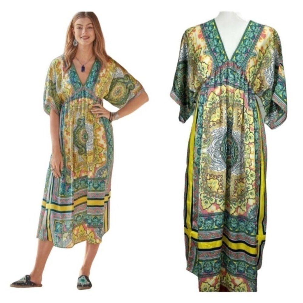 Sundance Bella Verona Boho Mixed Print Dress Sz Medium Blue Yellow V Neck